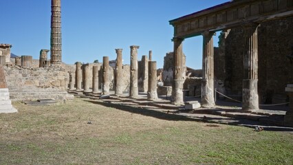 Fototapeta premium Ancient roman colonnade shown in soft defocused focus across an open plaza; background backdrop copyspace.