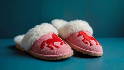 Cozy pink slippers with red horse design on a teal background