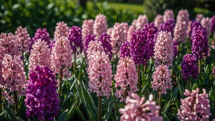 Obraz premium Colorful hyacinth flowers in pink and purple shades blooming in a garden.