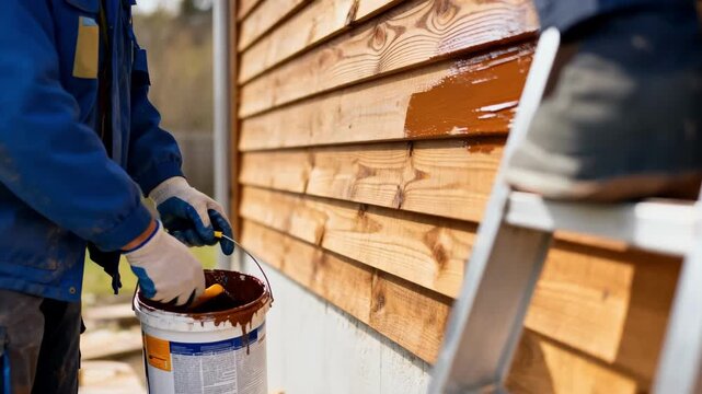 Medium shot showing a maintenance professional sealing wooden siding protecting it against moisture and weather damage for durability.
