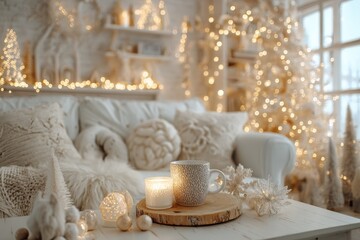 Cozy Scandinavian living room adorned with minimalist Christmas decor, soft ambient lighting, natural wood accents, and plush textiles creating a warm, inviting atmosphere