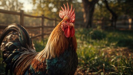 A close-up image of a rooster outdoors during daytime with trees and a wooden fence in the background.