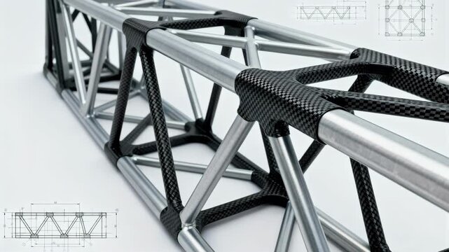 Medium shot of a steel and carbon fiber hybrid composite framework showcasing enhanced strength and lightweight design for advanced engineering applications.