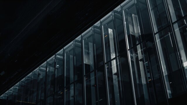 Modern glass building architecture with reflective surfaces and structural details. Corporate and business environment. Advanced construction and design. The concept of modern architecture and infr...