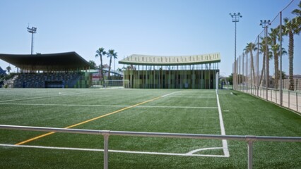 Soccer pitch and bleachers in soft blurred bokeh with shallow defocus, goalposts and palm trees hinted in distance, park; background copyspace backplate.