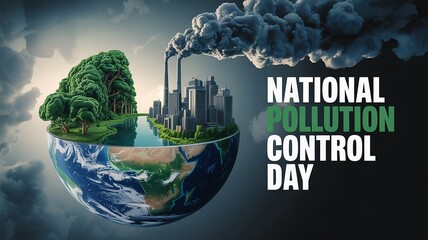 National Pollution Control Day poster contrasting green nature and smoky industry.