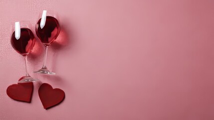 Valentine’s day romantic wallpaper with wine glasses, shimmering red heart glitter, pink festive background and text space for greeting design