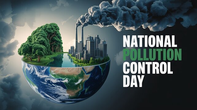 National Pollution Control Day poster contrasting green nature and smoky industry.