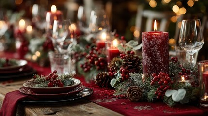 Elegantly designed christmas dining table features festive garland, candles, glassware, and dinnerware creating a cozy and inviting holiday ambiance for memorable meals