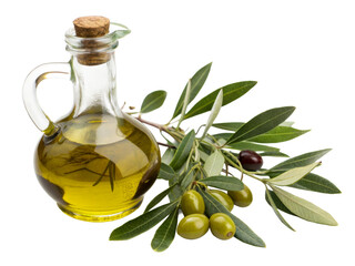 Glass decanter filled with golden olive oil beside fresh green olives on a branch for healthy Mediterranean cuisine and natural wellness product promotions