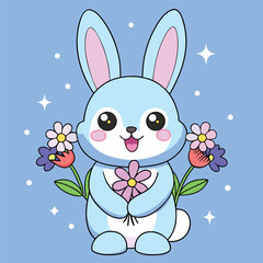 Cute cartoon Easter bunny rabbit illustration holding flowers and eggs for a spring holiday celebration