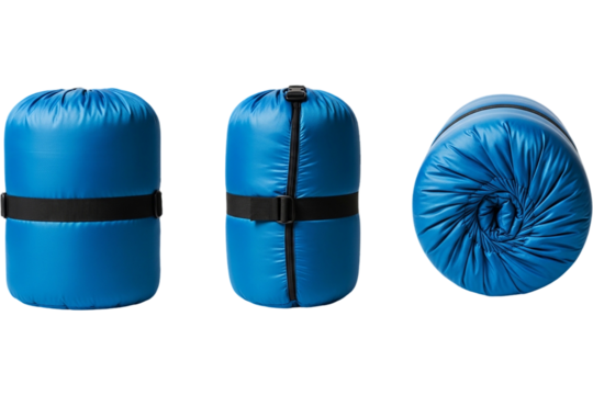Blue Sleeping Bag Set Packing for Outdoor Adventure Camping Gear Lightweight Equipment Travel on transparent background - Powered by Adobe