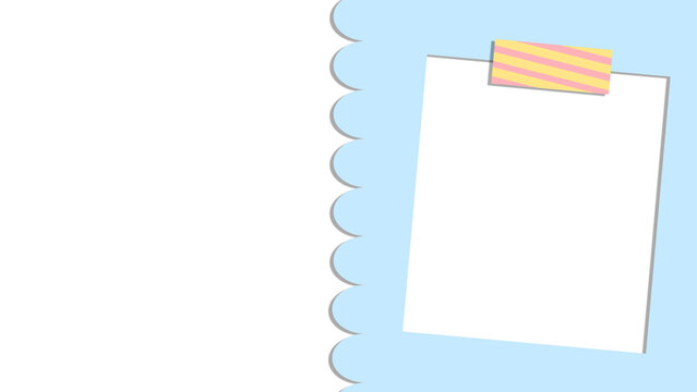 A cute simple background template, on the right is a blank sticky note or memo paper on a pastel blue background has a scalloped edge border with a piece of striped tape. and on the left is space