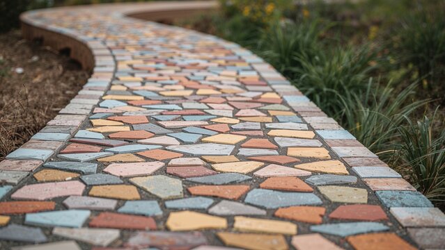 Pathway made of multicolored tiles with plants and greenery on the sides. Outdoor construction and landscaping, garden design. The concept of paving, pathways, and garden aesthetics.