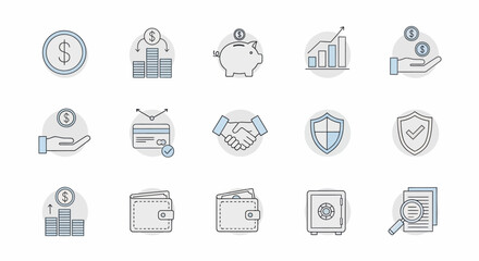 Collection of Financial and Business Icons Representing Money and Security.