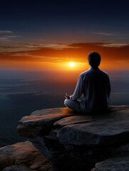 Meditation at sunset overlooking vast landscape