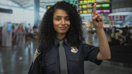 Woman in police uniform with curly hair giving thumbs down in busy airport terminal setting indoors...