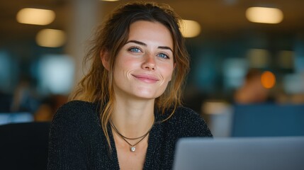 Smiling hispanic business woman working at her office desk looking at a laptop, professional employee at workplace
