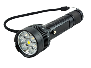 Powerful black tactical flashlight with multiple LED lights and a wrist strap, ideal for outdoor adventures, security, and emergency preparedness.