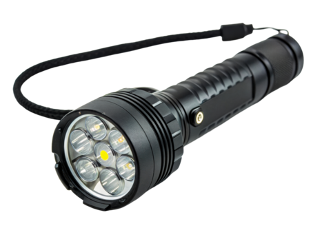 Powerful black tactical flashlight with multiple LED lights and a wrist strap, ideal for outdoor adventures, security, and emergency preparedness.