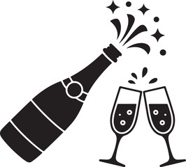 Champagne, or wine icon. Black silhouette of a champagne bottle and a glass. Iconography. Vector