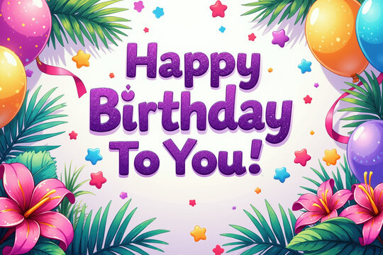 Vibrant birthday card with purple text, colorful balloons, and tropical leaves and flowers.
