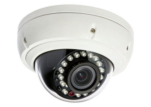 Modern white dome security camera with infrared night vision LEDs for surveillance applications in homes or businesses, captured in a studio setting. - Powered by Adobe