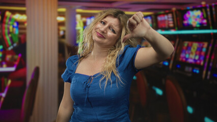 Woman giving thumbs down gesture inside casino building near slot machines and gaming chairs; disappointment bad luck.