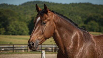Obraz premium A brown horse's head with a background of green trees and fencing.