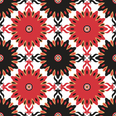 Red Flower on Black and White seamless Pattern