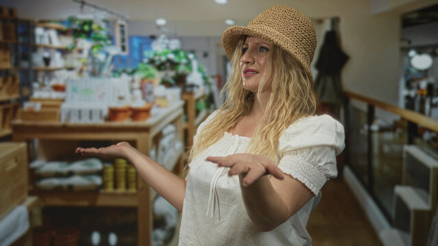 Woman palms up gesture in a home decor shop building, straw hat and white blouse, open hands toward shelves and counters while speaking to camera; confusion.