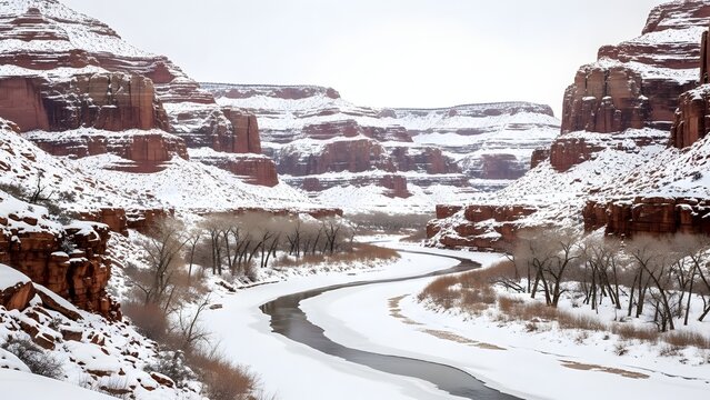 Winter wonderland in Utah's red rock country: a scenic river valley with snow-covered cliffs and trees, creating a peaceful and beautiful landscape