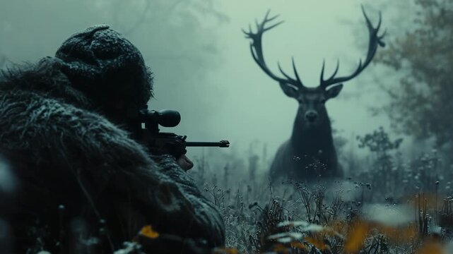 The hunter is going to shoot a deer.