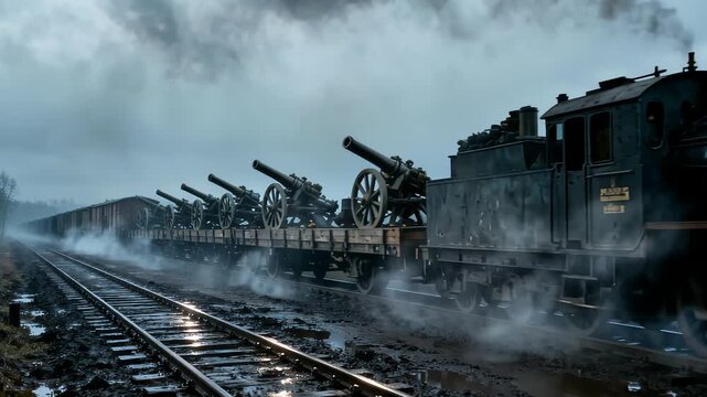 Heavy steam engine pulling military equipment on damp railroad tracks