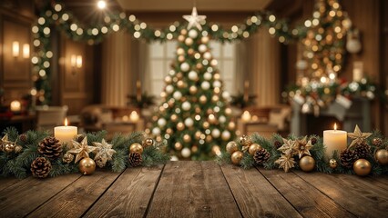 Holiday decor with Christmas tree, candles, and ornaments in a cozy, festively decorated room. Celebration and festive season, winter holiday ambiance. The concept of Christmas and holiday decorati...