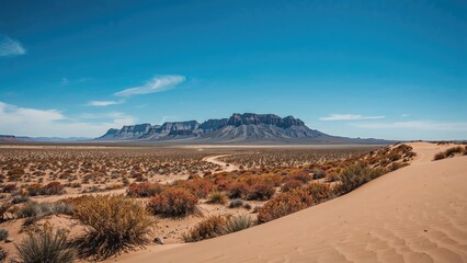 Desert landscape with a plateau in the background, dry bushes, and sand dunes under a blue sky.