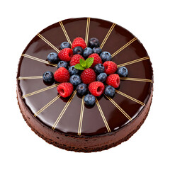 Indulge in this decadent chocolate cake topped with fresh raspberries and blueberries perfect for dessert menus and sweet treats ads