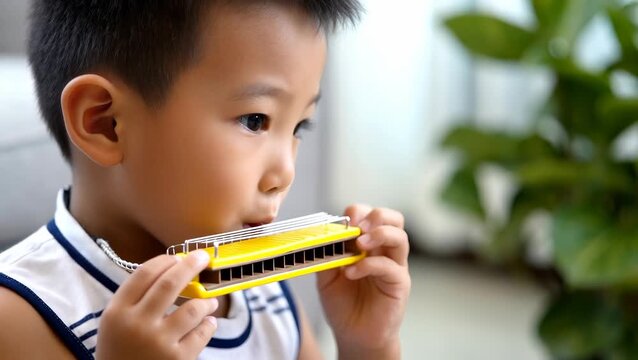 Young Asian Boy Playing Harmonica Indoors