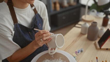 Woman painting ceramic mug holds handle with left hand and paints rim with small brush in a studio; quiet concentration.