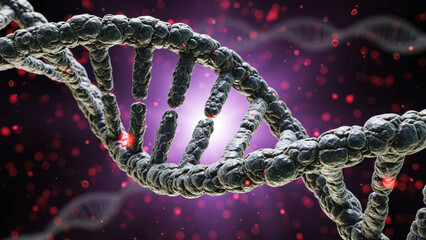 Close up of a textured dark gray D N A double helix with red glowing points molecule