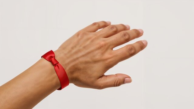 A hand wearing a red ribbon bracelet, shown against a plain background.