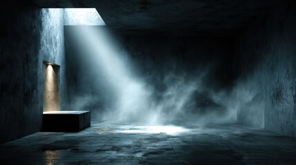 Grunge interior with spotlight and smoky atmosphere creates a dramatic stage, featuring a platform and a beam of light from above