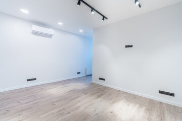 Modern Minimalist Room with Wooden Floor and Air Conditioner Unit. Home Interior, Small Office Space