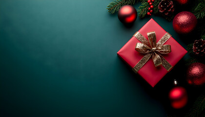 Festive Gift: A vibrant red gift box adorned with a shimmering gold bow, surrounded by festive ornaments and evergreen sprigs against a lush backdrop.