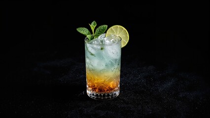 Colorful cocktail with mint and lemon slice on a dark surface. Refreshing drink, beverage, and cocktail. The concept of refreshing drinks and mixology.