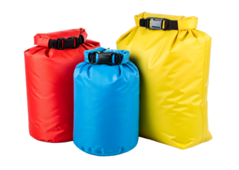 Three waterproof dry bags in red, blue, and yellow, with rolled tops and buckle closures, perfect for outdoor adventures and travel gear storage.