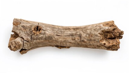Naklejka premium A weathered and aged piece of wood, resembling a log or driftwood, with a hollow and cracks, placed on a white background.