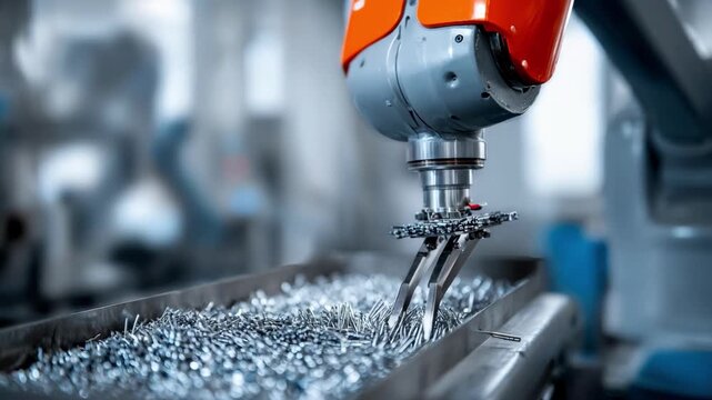 Highspeed robotic arm meticulously organizing nickel wires by size and type emphasizing cuttingedge automation in a controlled factory environment.