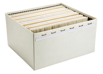 Light beige cardboard filing box filled with hanging file folders and documents, perfect for office organization and record keeping solutions.