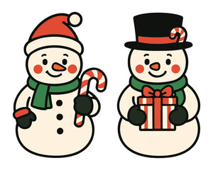 Happy snowman vector illustration wearing a red Santa hat and a scarf for winter Christmas holiday decoration